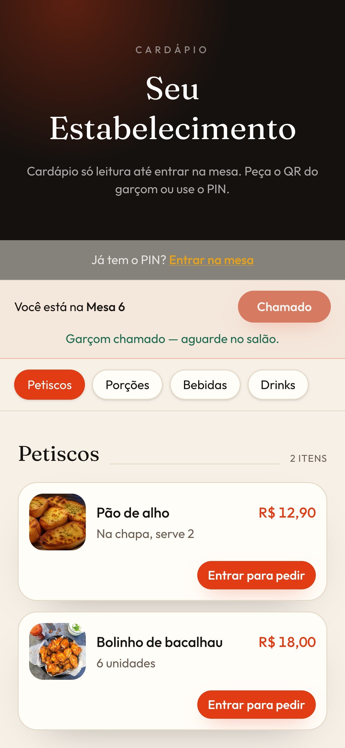 Cardápio da mesa 6 com o botão de chamar o garçom