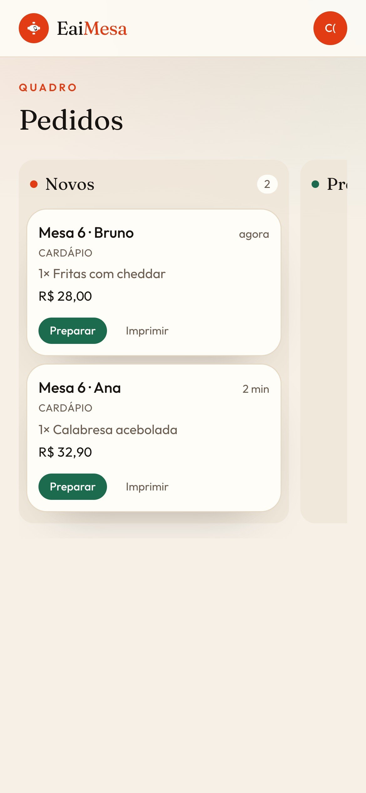 Painel da cozinha com os pedidos novos